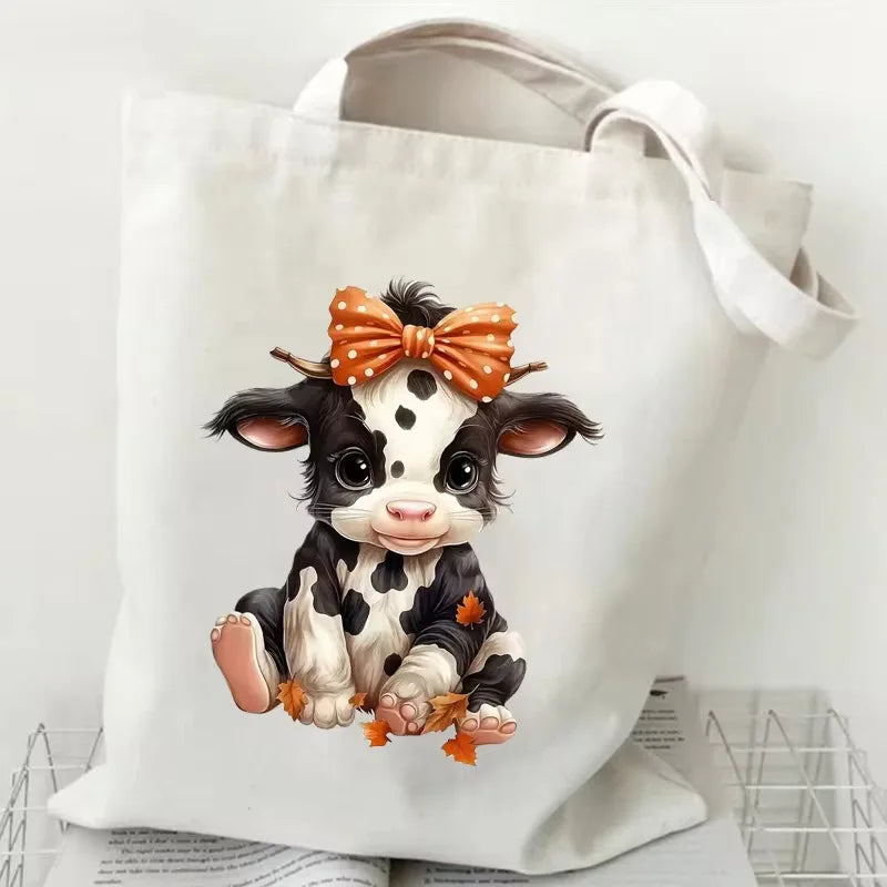Adorable Highland Cow Print Canvas Large Capacity Tote Bag