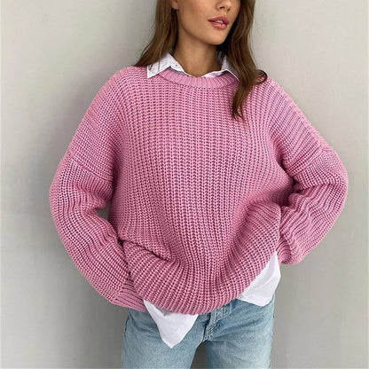 Chunky Knit Oversized Crew-Neck Pullover Sweater, 16 Colors