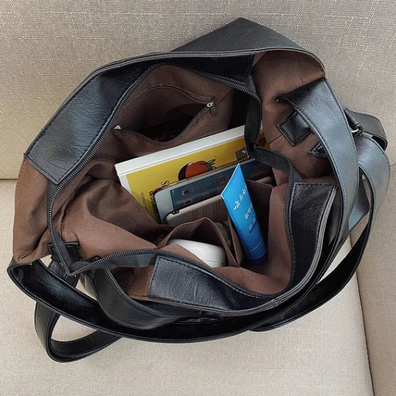 Retro Tote Bag, Casual, Large Capacity, Shoulder Crossbody Bag, Faux Leather in Green, Tan, and Black