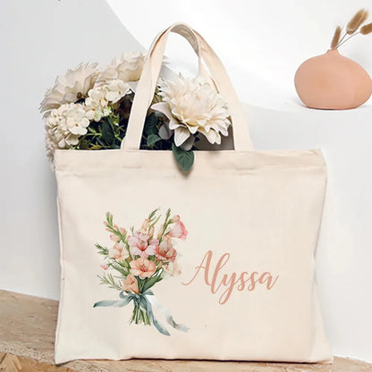 Personalized Shoulder Bag Birth Month Flower and Name Tote Bag, Monogrammed Canvas Bags