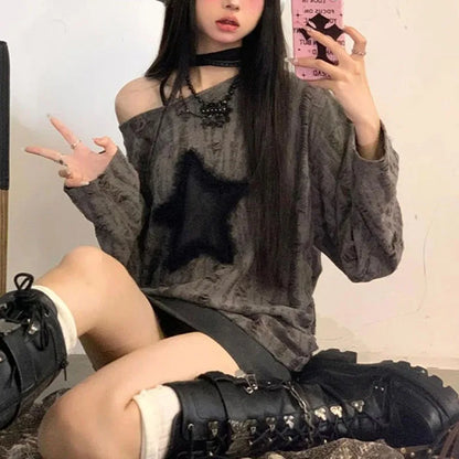 Star Print T-Shirt, Streetwear, Off Shoulder Tops, Oversized, Long Sleeve Loose Tees