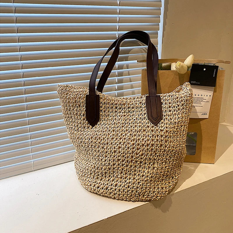 Handmade Rattan Woven Shoulder Bags Large Capacity Boho Straw Bag