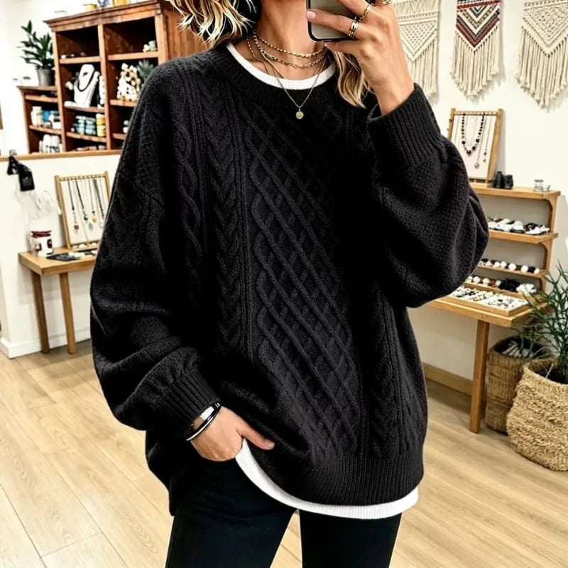 Sizes to 3XL Retro Cable Knit Sweater, Round Neck, Loose Pullover, Casual Long Sleeve Top. Comes in 9 Colors