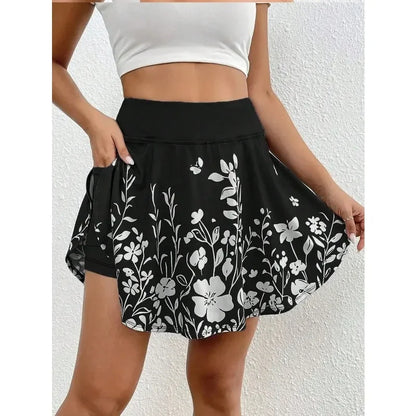 Plus Size 1XL-5XL  High-Waisted Skorts Phone Pocket Simple Floral Print
