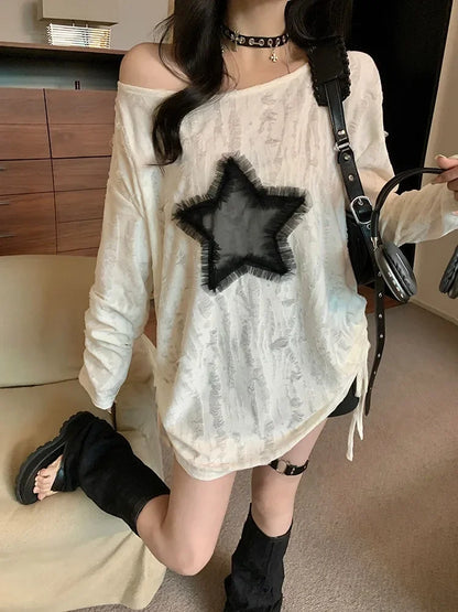 Thin T-Shirt with Oversized Neck, Drawstring Bottom, Long Sleeve, Long length, Baggy