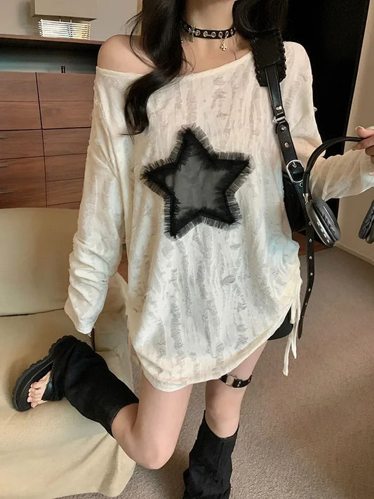 Thin T-Shirt with Oversized Neck, Drawstring Bottom, Long Sleeve, Long length, Baggy