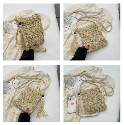 Boho Woven Straw Crossbody Shoulder Bag with Fringe
