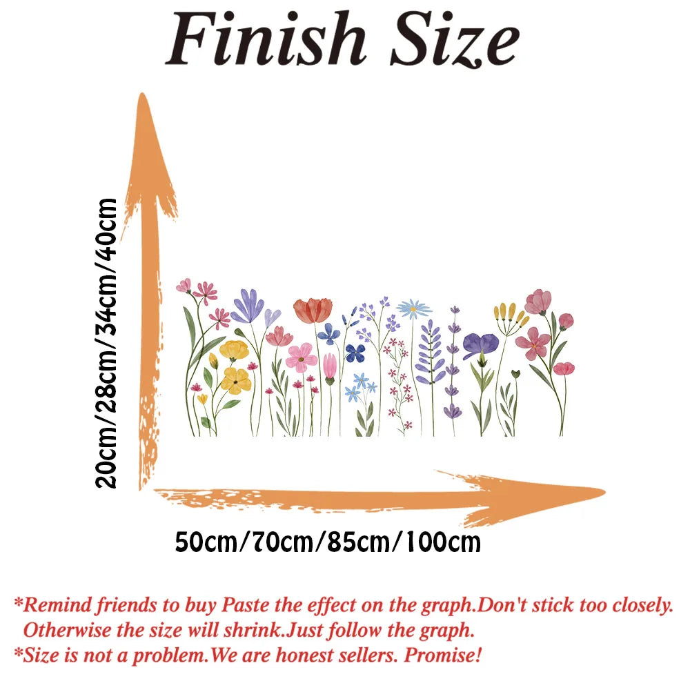 Boho Wildflower Vines, Baseboard Wall Stickers, Colorful Watercolor Floral Skirting Line, Wall Decals