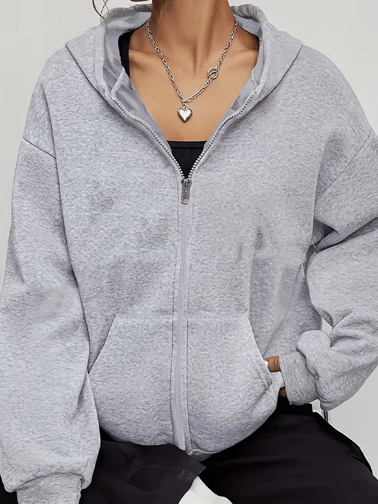 Casual Zipper Hooded Sweatshirts in Grey, Black and White