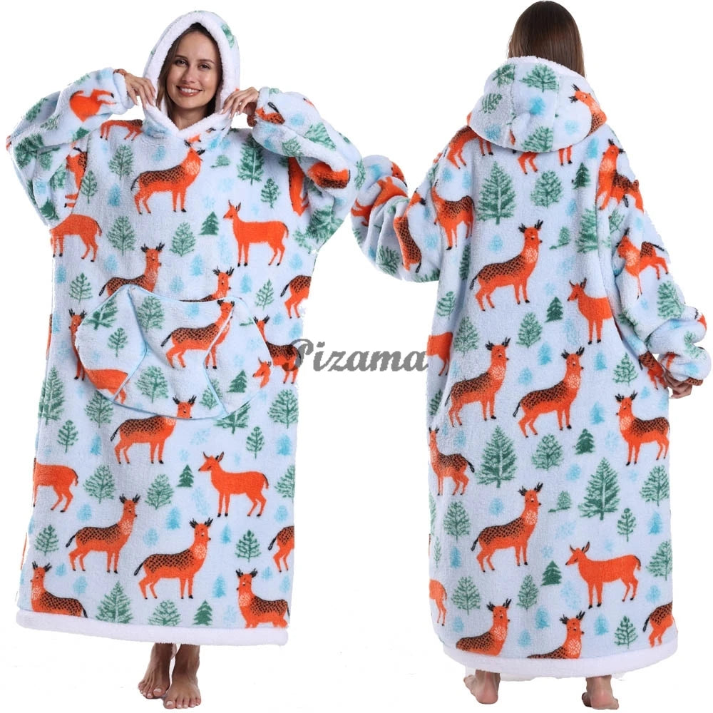 Super Long Flannel Pullover Night Shirt with Pocket and Hood, Super Snuggly for Men and Women, 12 Different Prints