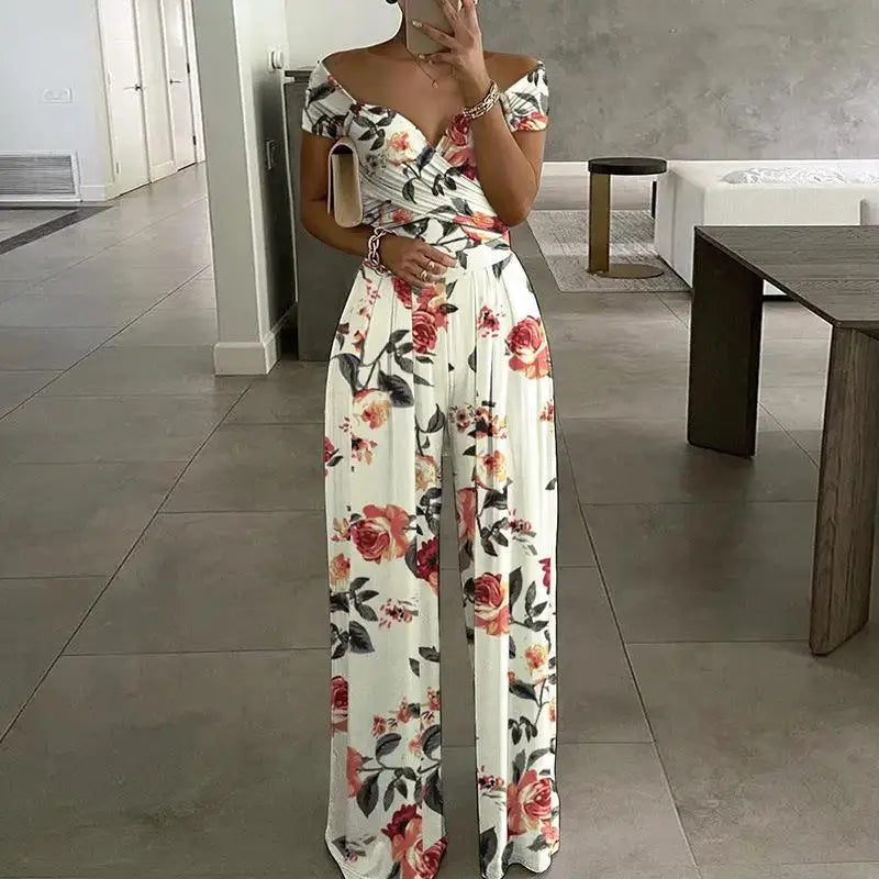 Sizes to 3XL Off the Shoulder Short Sleeve V Neck High-waisted Jumpsuit Sizes to 3XL Various patterns