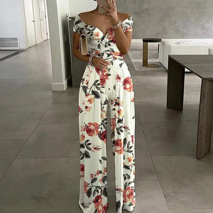 Sizes to 3XL Off the Shoulder Short Sleeve V Neck High-waisted Jumpsuit Sizes to 3XL Various patterns
