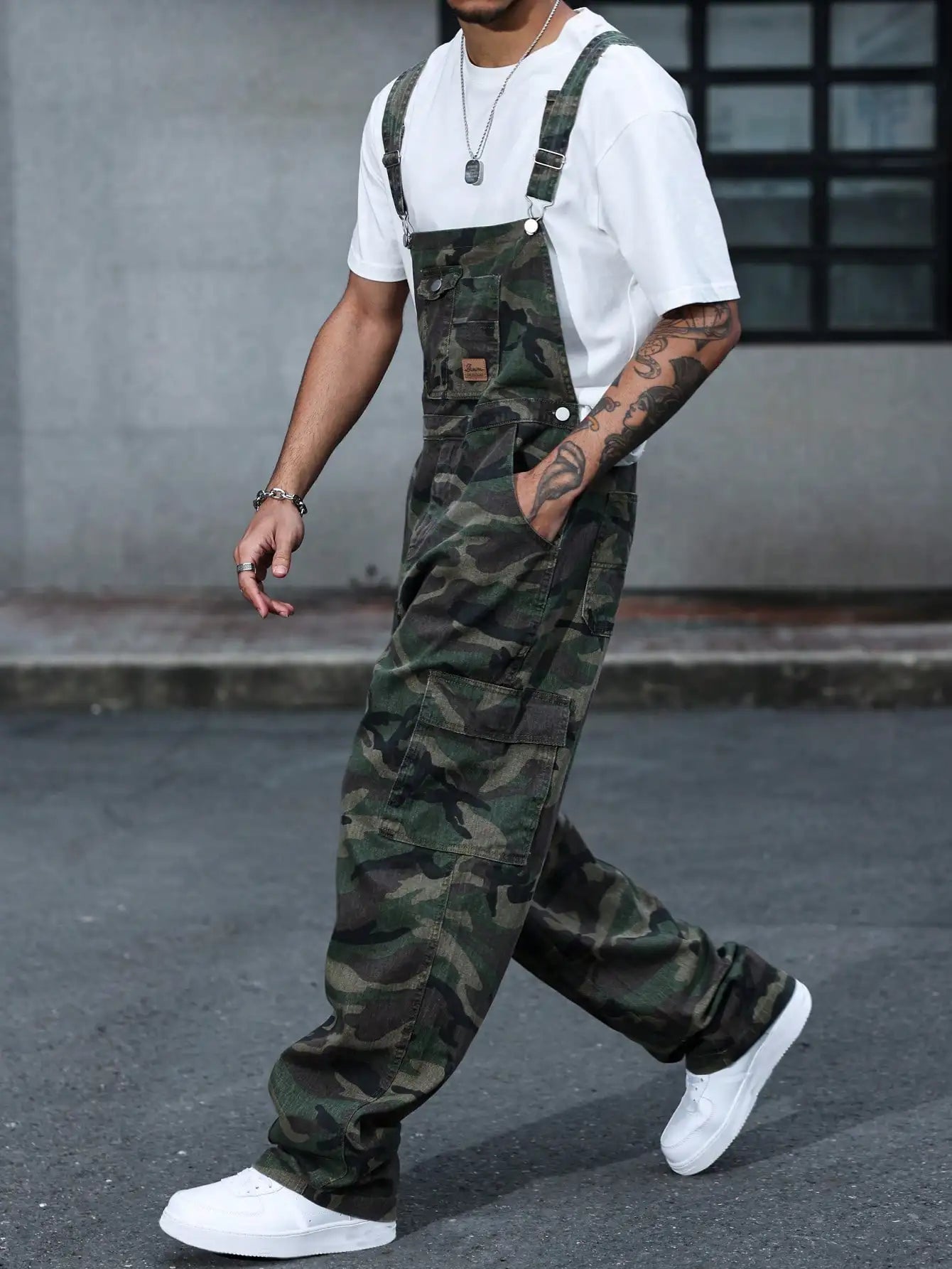 Denim Camo Overalls Adjustable straps Wide legs