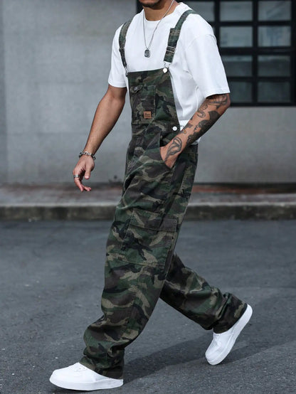 Denim Camo Overalls Adjustable straps Wide legs