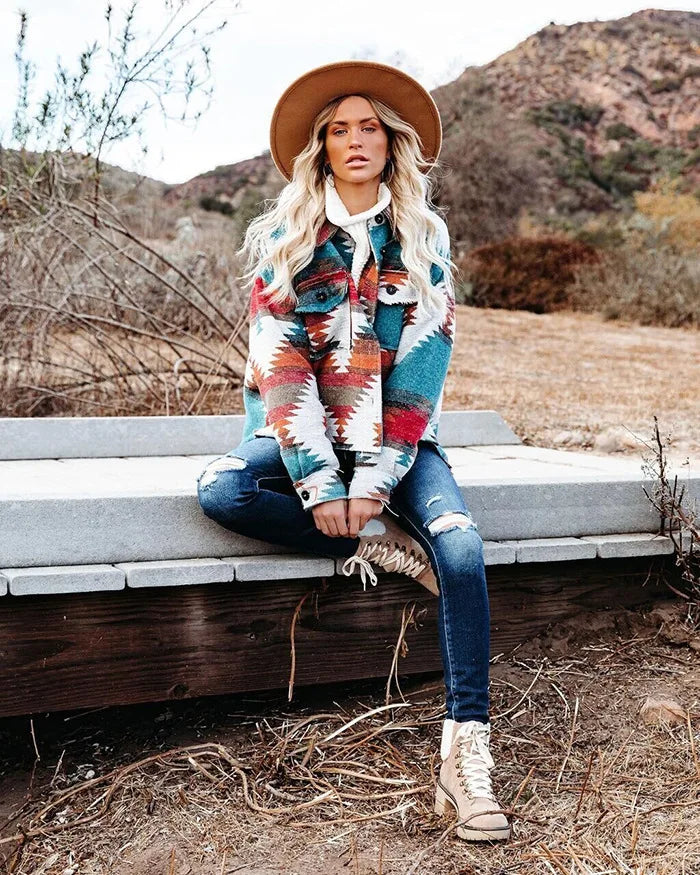 Vintage Loose Denim Jacket, Aztec Retro Ethnic Style, Long Sleeved, Shirt Collar, Sizes to XXL