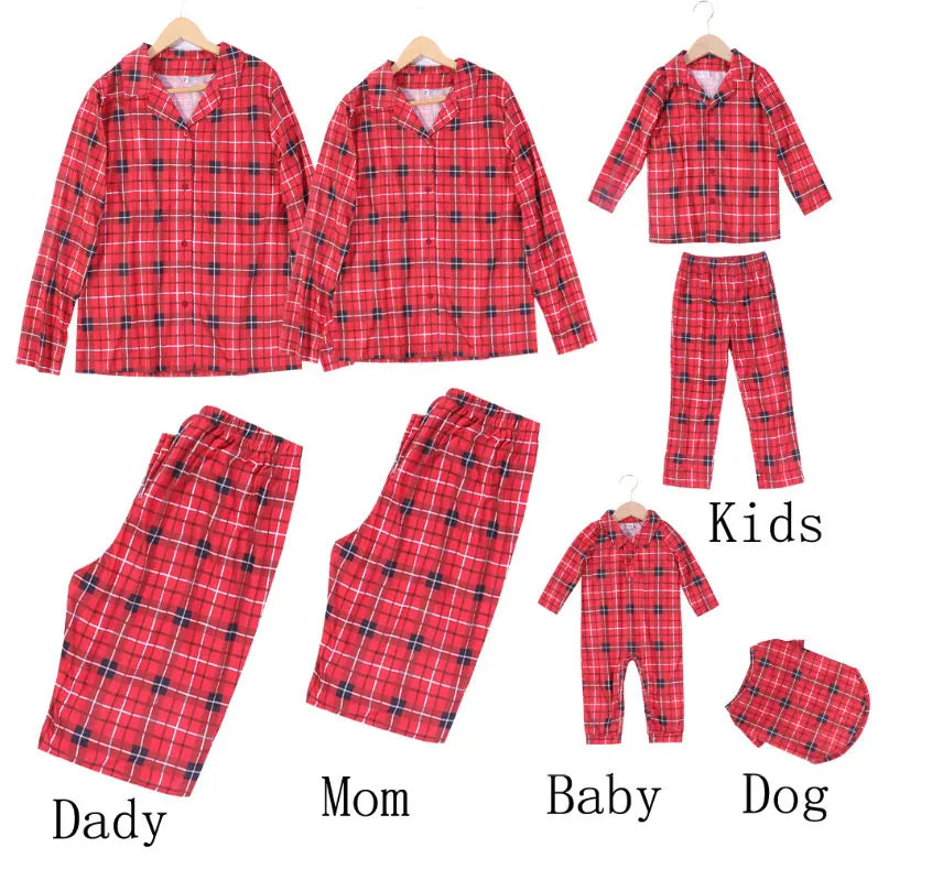 Family Christmas Pajamas Matching Sets Adult And Kids Red Plaid Button Shirts Tops+Pants Baby Romper Dog Pajamas too!!