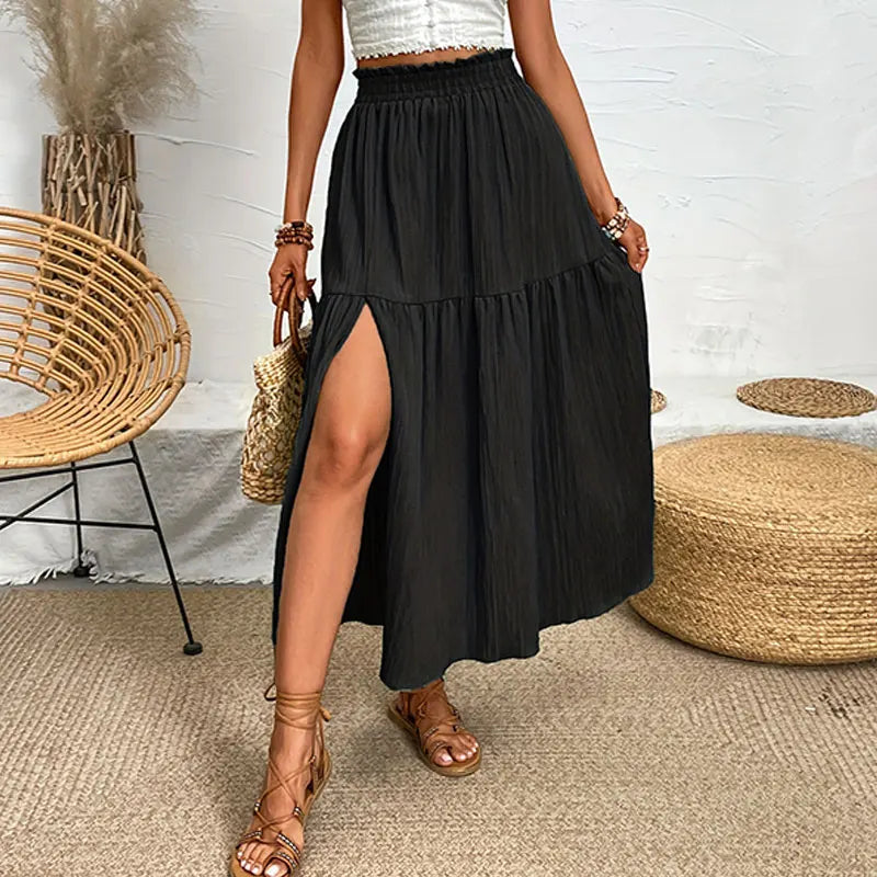 Bohemian Midi Skirt, High Waisted, Solid Colors, Casual with Side Slit, 3 Colors