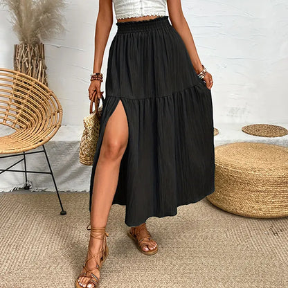 Bohemian Midi Skirt, High Waisted, Solid Colors, Casual with Side Slit, 3 Colors