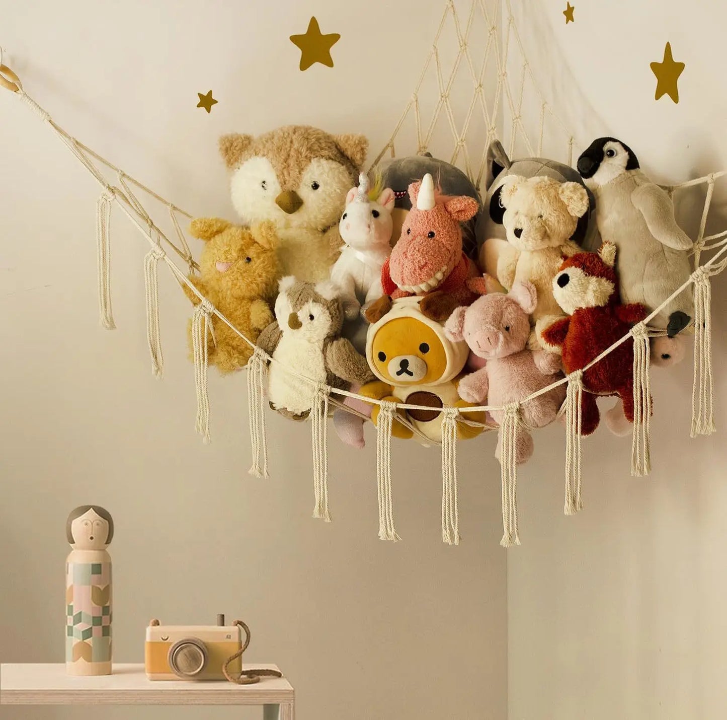 9 different colors of this Boho Macrame Stuffed Animal Hammock Cotton Tassel Toy Storage Net, Hanging Organizer