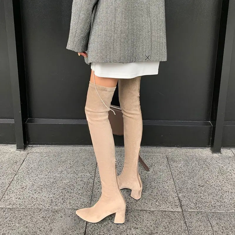 Sexy High Boots Over The Knee, Warm Boots, Suede Back Zipper, Square Heel