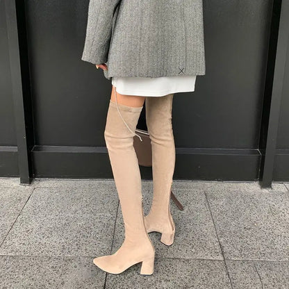 Sexy High Boots Over The Knee, Warm Boots, Suede Back Zipper, Square Heel