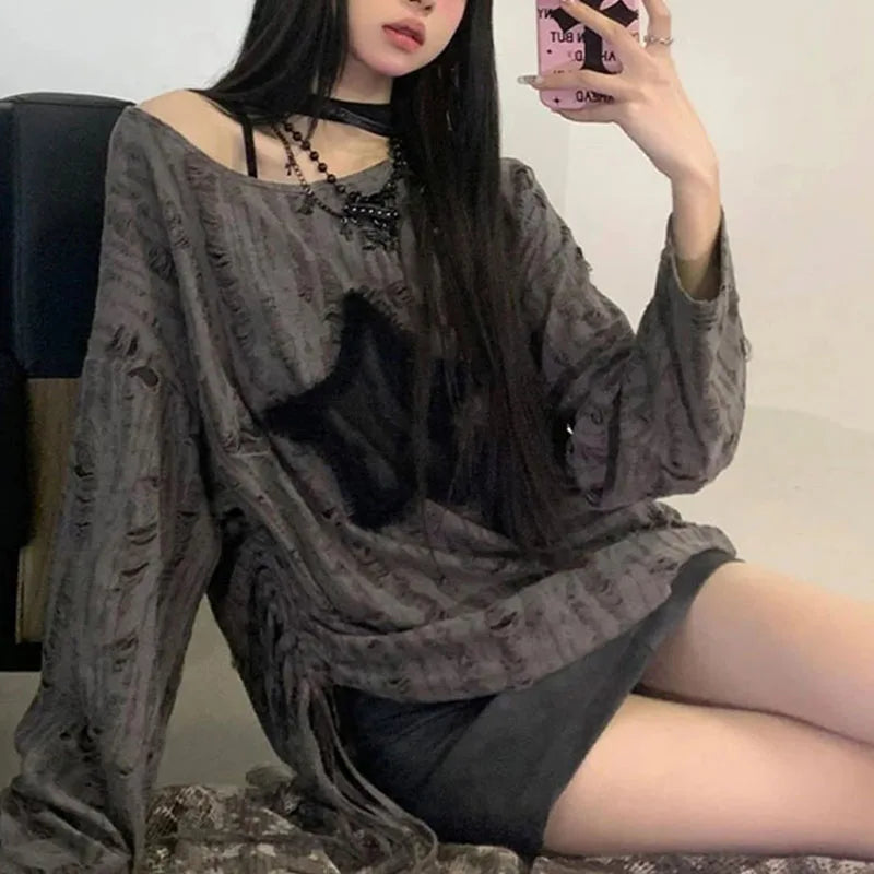 Star Print T-Shirt, Streetwear, Off Shoulder Tops, Oversized, Long Sleeve Loose Tees