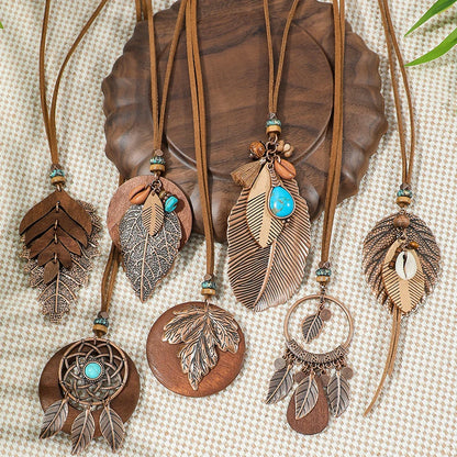 7 piece Boho Long Necklace Set, Brown Pendant Necklaces: Turquoise Shell Design Tribal Jewelry