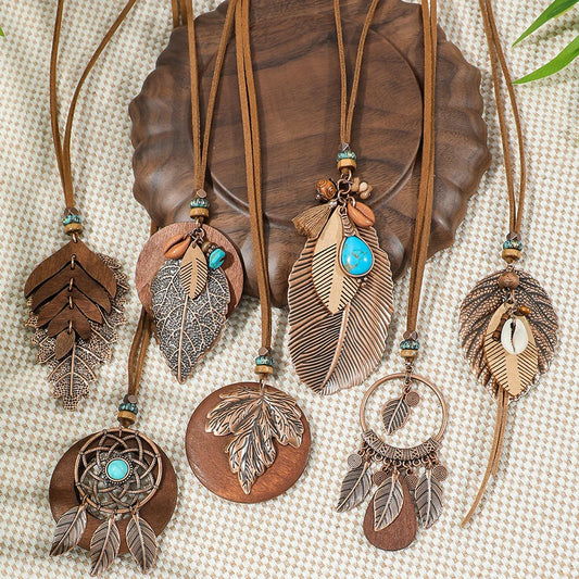 7 piece Boho Long Necklace Set, Brown Pendant Necklaces: Turquoise Shell Design Tribal Jewelry