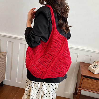 Hollowed Out Yarn Weaved, Large Capacity Shoulder Bags in Red, White, and Tan