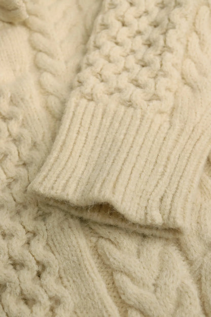 Oversized Beige Cable Knit Sweater Casual Long Sleeve Half-Zip with Pockets Comfortable Knitwear