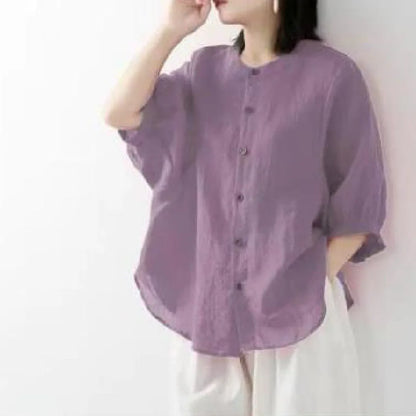 Sizes to 4XL, Cotton-linen blend shirt solid colors with lantern sleeves stand collar loose large size shirt. Variety of colors