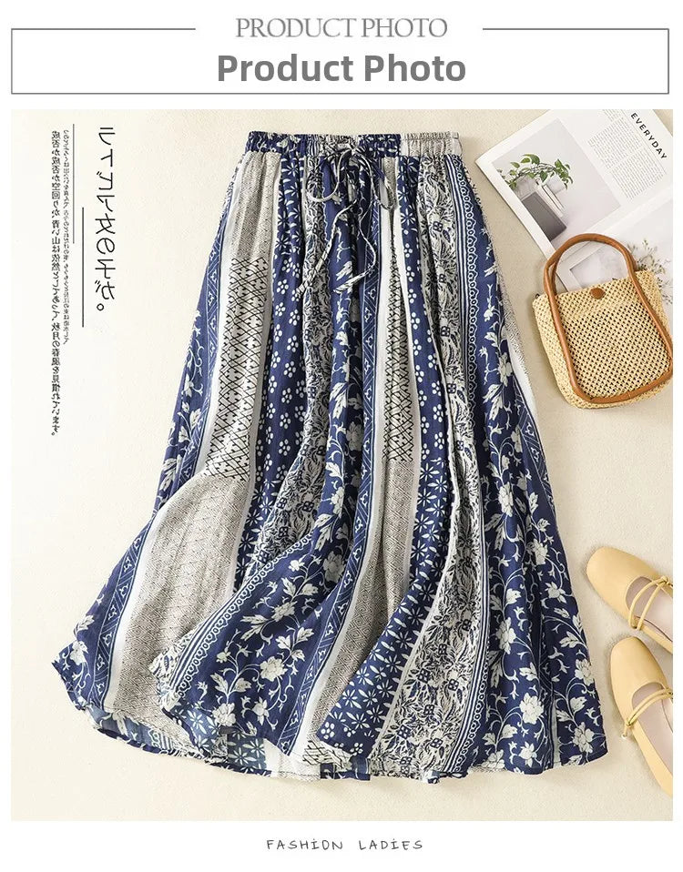 Retro Ethnic Print Flax A-Line Midi Skirt High Waist Drawstring Sizes to 2XL