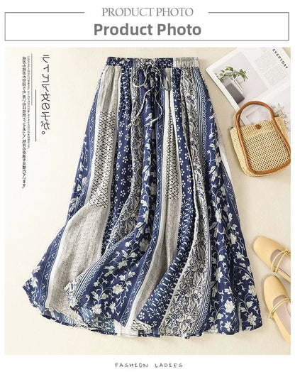Retro Ethnic Print Flax A-Line Midi Skirt High Waist Drawstring Sizes to 2XL
