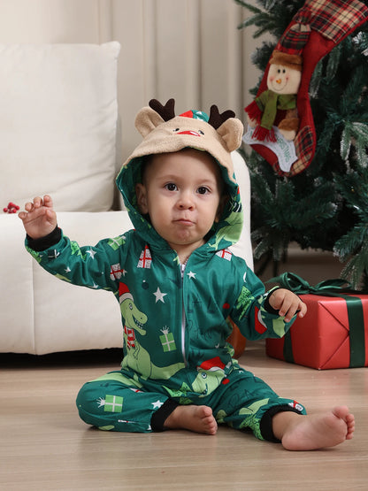 Family Rompers pajamas, hooded, zipper front, long sleeves and long pant legs, Comes in Red and Green