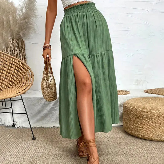 Bohemian Midi Skirt, High Waisted, Solid Colors, Casual with Side Slit, 3 Colors