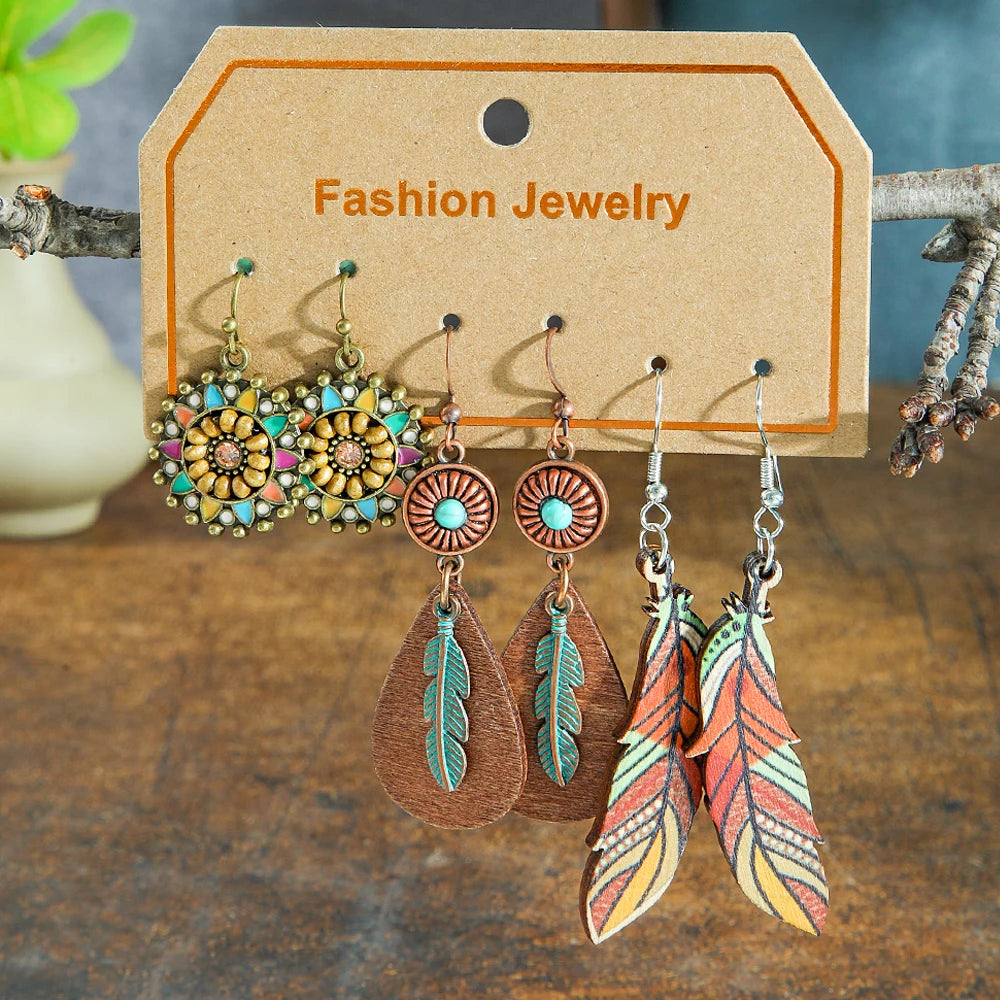 3 Pairs of Boho Vintage Earrings Dangle Earrings with an Ornamental Tribal Element .  7 different pallets