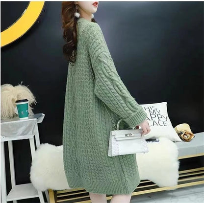Cable Knitted Mid-Length Cardigan with Pockets and Two Large Black Buttons. Peach, Yellow, Off White, and Green