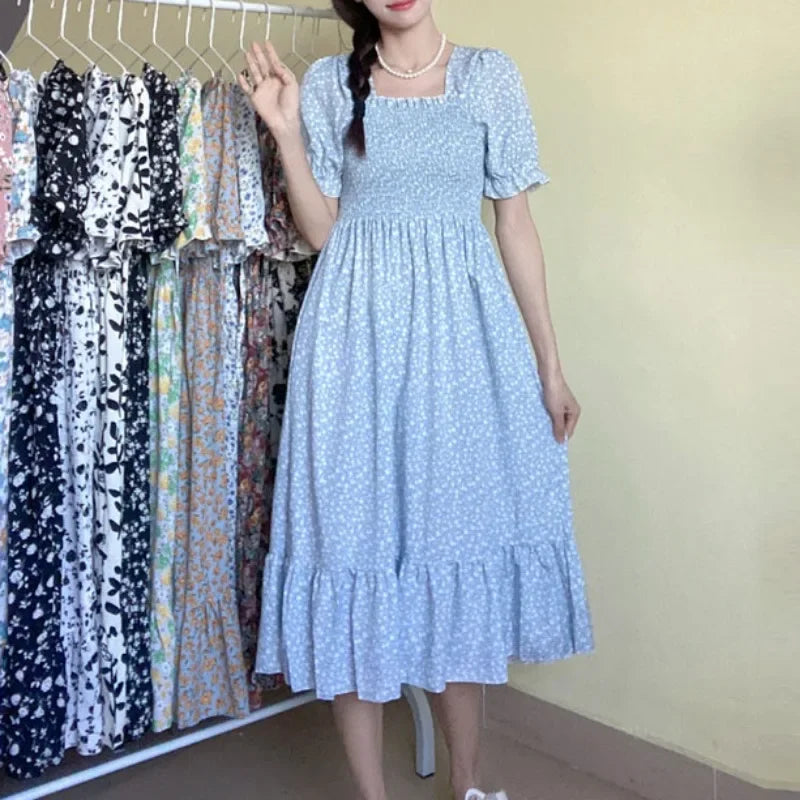 14 Patterns Elastic Waist Chiffon Dress  Short Sleeve Pleated A-line Dresses
