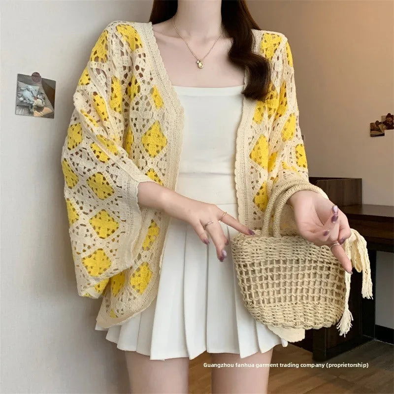 Bohemian Style Hollowed-out Long Sleeve Light Weight Sweater with V Neck and Batwing Sleeves