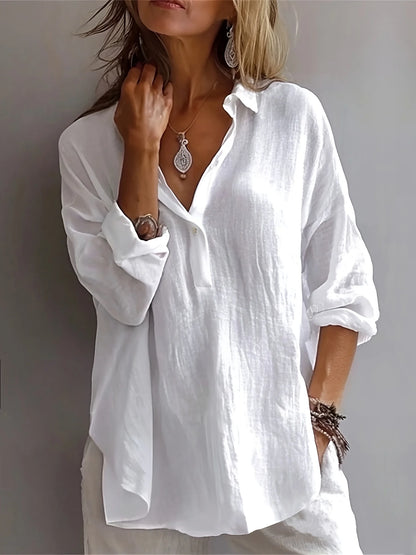 Sizes to 2XL Women's loose linen cotton blend Half -0pen collar casual pullover shirt