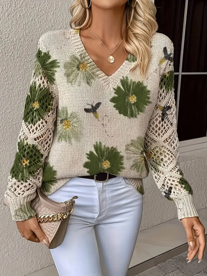 Boho Floral Print V Neck Crocheted Long Sleeved Sweater with Hollowed Out Knit Sleeves in 12 Different Designs