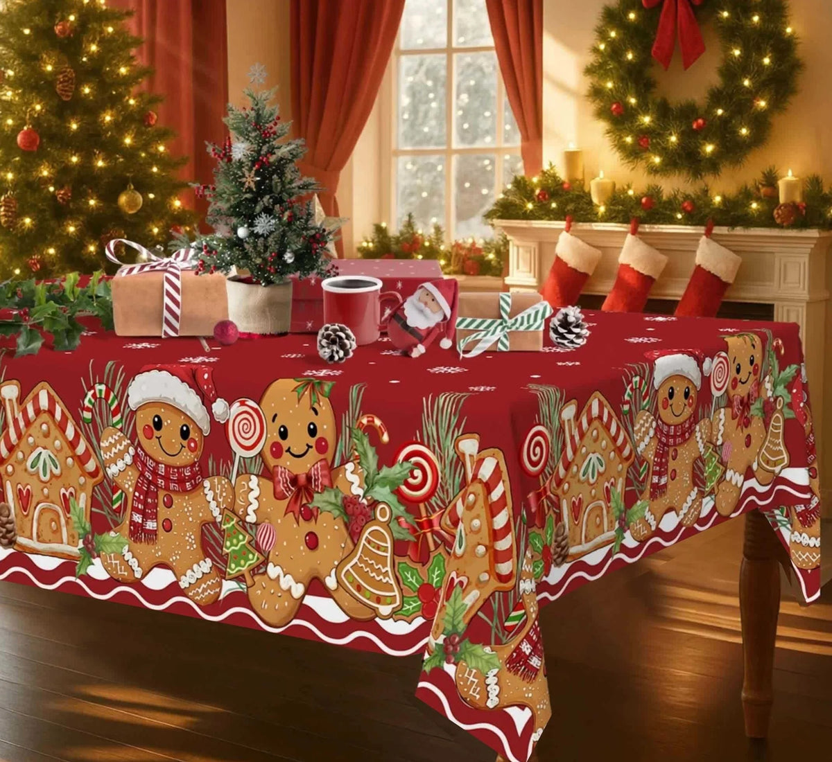 Festive Red Christmas Gingerbread Tablecloth