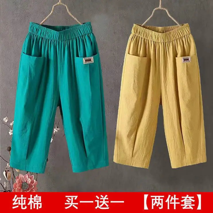 Cotton Linen Cropped 3/4 Length Pants, Loose, Linen with Elastic Waist and Pockets