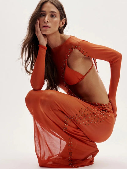 3 Pieces Bikini Sets Riveted Hollowed Out Beach Cover up