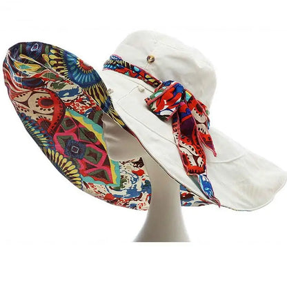 Large Beach Hat Flower Printed Wide Brim Geometric print underneath Wide Brim Various Print Selections