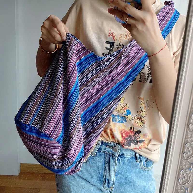 Bohemian Canvas Shoulder Crossbody Bag, Large Capacity, Ethnic Style Tote Bag