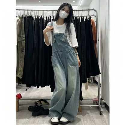 Retro Light Wash Denim Overalls for  Loose High Waist Baggy Leg Jumpsuit with Big Pockets