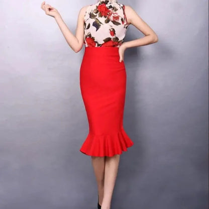 Sizes to 5XL High Waisted Stretchy One Step Pencil Skirt  with Ruffle Hem