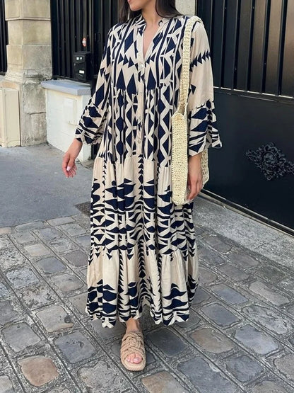 Boho Vintage Maxi Dress Long Sleeve Long Loose Dress with V  Neck