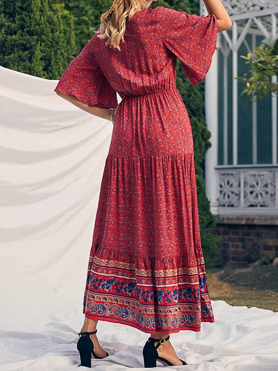 Maxi Length Boho Print Short Bell Sleeves V Neck High Waisted